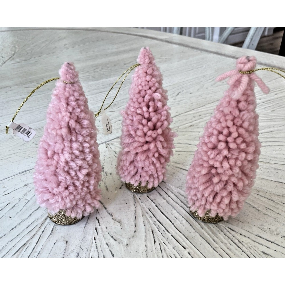 NWT  Set of 3 Pink Yarn Trees Gold Glitter Base Christmas Ornaments
